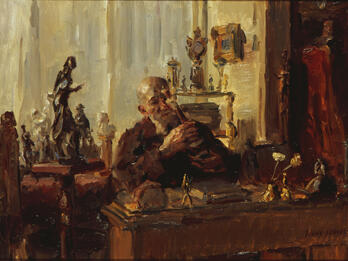 The Collector Painting of man with beard sitting at desk examining an object at table filled with small sculptures.