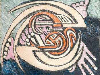 Jacob Wrestling with the Angel Painting of abstract feet and hands in swirling design shape.