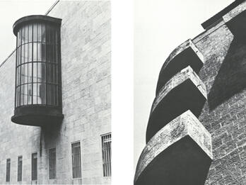 Schocken Library, Jerusalem Photograph of building with stone wall and cylindrical window; photograph of stone wall building exterior with triangular balconies.