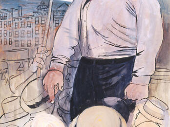 Painting of man addressing audience holding a sign of Yiddish text.
