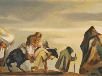 Minorities Painting of people walking through desert carrying bundles and another figure riding a horse.
