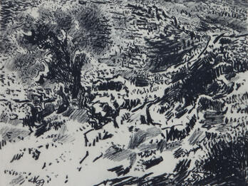 Landscape Chalk drawing of trees and hills.