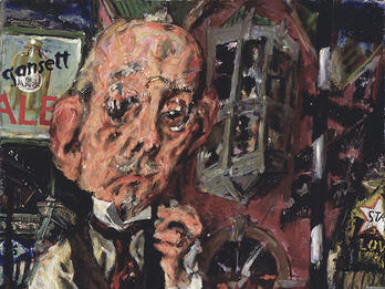 The Neighborhood Physician Painting of man with oversized head standing on brick sidewalk.