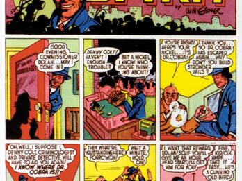 “The Spirit,” June 2, 1940 Newstrip comic with two rows of headings across the top, and two rows of three comic panels each with image and English text in bubbles, featuring man in suit speaking to another man in an office.