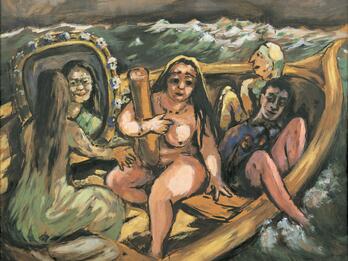 The Travelers Painting of four people in a boat at sea featuring a nude woman in center and a woman holding a mirror and looking at her reflection on the left.
