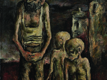 Father and Sons Painting of emaciated father with beard gazing to his right while his two nude and emaciated young sons stand next to him. Background is dark.