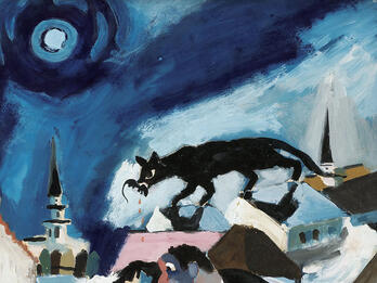Refugees Painting of fearful father, mother, and two children in the foreground outside of city buildings, and large cat with a rat in its mouth on top of the buildings in the background.