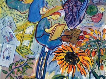 Gouache from Leben? Oder Theater?: Ein Singspiel (Life? or Theater? An Operetta), #4351 Abstract painting of three women drawing, surrounded by flowers, easels, a chair, garments, and other objects.