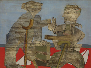 The Mutilated Painting of two mutilated soldiers with crutches, one with no legs and the other with one leg.