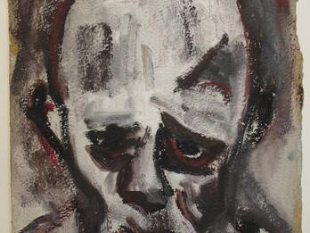 Portrait of Yitzhak Katzenelson Portrait painting of a bald man, whose face looks gaunt and injured, looking at the viewer.