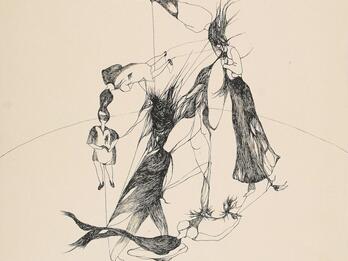 Tu tournes lentement Abstract drawing of figures floating and dancing in a circular shape.