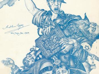 We Will Never Die! Constitution Hall, Washington D.C., poster Poster featuring soldier raising gun in the air wearing a helmet with Star of David, with his left arm around a rabbi holding Torah, two sad women in the foreground holding a child, another man to the left in handcuffs, and English writing on the bottom.