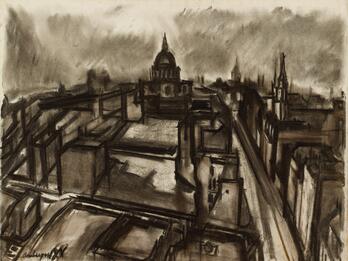 Evening in the City of London Sketch of bird's-eye view of a city.
