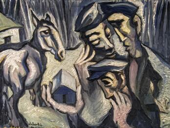 Painting of abstract representations of three men, one of whom is holding a small house, standing in front of a horse and house.
