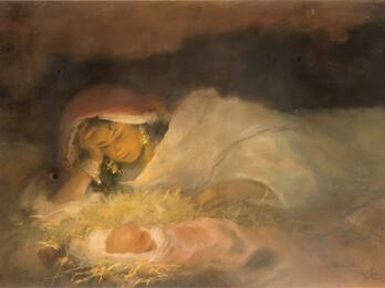 And G-d Remembered Rachel . . . And She Conceived, and Bore a Son Painting of woman lying down, with her head propped up by her hand as she watches the baby lying next to her.