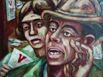 Leaflets (Double V) Painting of men and women calling out and waving leaflets with the letter "V" on them.