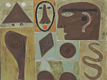 Voyager’s Return Pictographic paintings depicting geometric shapes and abstract faces in grid.