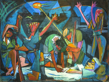 Nocturne (Death of a Soldier) Abstract painting of figures made up of geometric shapes with arms raised and distraught expressions standing over figure lying in middle of floor in white robes.