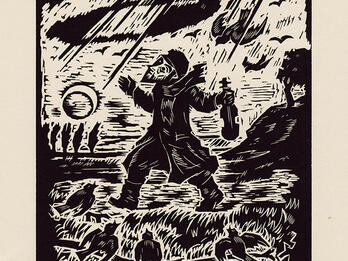 Illustration to Y. L. Peretz’s A gilgul fun a nigun Woodblock print of man holding violin and walking through field.