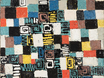 Untitled Abstract painting of grid with squares containing spirals, lines, and geometric designs.