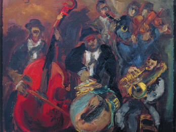 Orchestra Abstract painting of musicians performing, with bearded man in hat and jacket sitting in center playing a large drum, man to the left standing in hat and jacket and playing double bass, man to the right seated and playing tuba, and other musicians in the background.
