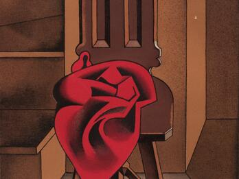 Chair with Red Matter Lithograph featuring a chair in the center with an object with many folds on its seat, and a stairwell to the left.