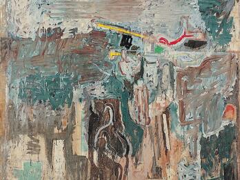 Yehiam (Life in a Kibbutz) Abstract painting of figures and lines.