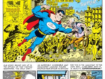 “Superduperman,” Mad #4 Comic book cover with the title "Superduperman" and a Superman-like figure in a cape who is attacking an elderly disabled man, surrounded by a crowd and a cityscape, with English text and three comic panels underneath, of the exterior of a skyscraper in the first panel, exterior of a window in the second panel, and interior of an office in the third panel.