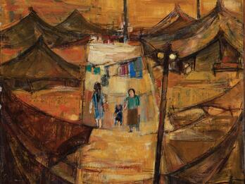 In the Ma‘abarah Abstract painting of camp with many tents and a luminous rectangular area in middle featuring three figures including a mother and child and a clothesline between the tents.
