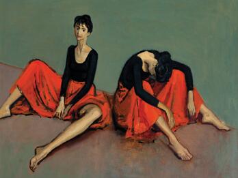 Dancers Resting Painting of two female dancers in skirts seated with their knees slightly bent facing the viewer, one with head dropped and the other sitting up.