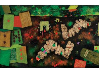 Abstract triptych painting depicting geometric squares and squiggles in the left panel under a moon, stacked playing cards and ladders in the center panel, and stylized pregnant figure with stroller in right panel.