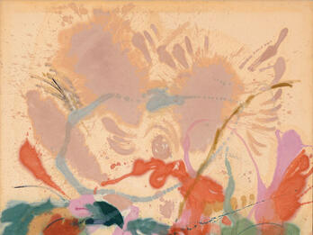 Abstract painting depicting shapes forming a flower shape.