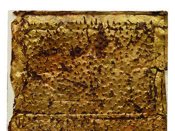 Message Number 7B, Ecclesiastes VII: 6 Sculpture of nails and iron on a rectangular wood panel.