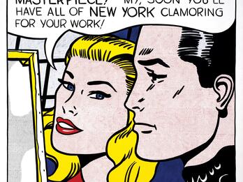 Masterpiece Pop art painting using Ben Day dots of man and woman's face in profile, looking at a canvas to the left with a large speech bubble over their heads.