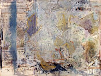 Abstract painting with thick and thin lines and vague rectangular shapes.