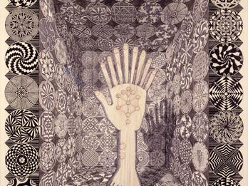 “Insist on yourself . . .” from the Series Great Ideas of Western Man Drawing of a nine-fingered hand with a tree of ten circles on palm connected to a foot and centered in concave room covered in circular spiral motifs.