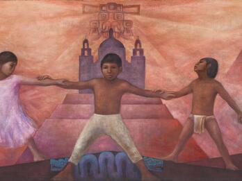 La Ronda en El Tiempo Mural featuring children holding hands, interspersed with adult figures, with modern city in background on left, ornate temples and mountains in background in center, and temples with cultic figures in background on right.