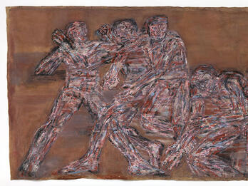 Abstract painting depicting figures morphing into one another during battle.