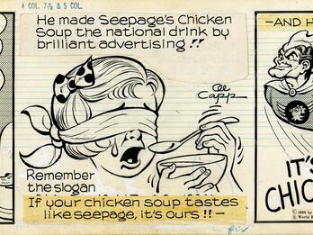 “Chickensouperman” from L’il Abner Three-panel comic with English text above or below images, featuring disgruntled elderly man in profile in the far left panel, young crying girl blindfolded eating soup in center panel, and Superman-like figure soaring through the air in the right panel.