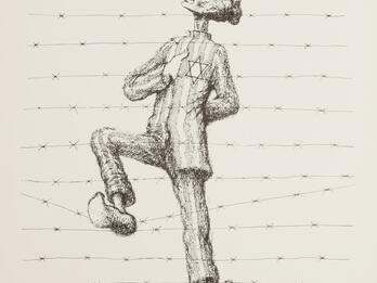 “Le people juif . . . sur de lui-même et dominateur . . .” (“The Jews, a People Sure of Itself and Domineering, . . .” Charles de Gaulle) Drawing of full body profile of man behind barbed wire with foot propped on wire, dressed in prisoner uniform with Star of David badge on breast and right hand tucked in uniform.