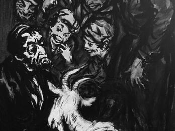 Illustration to Sholem Aleichem, “The Haunted Tailor” Drawing of people gathered around goat.