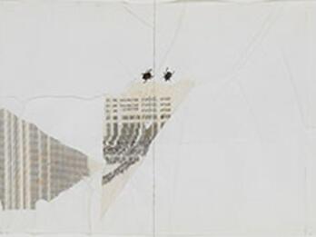 Codex Artaud VII Mixed media collage and painting with a figure aiming a gun on the far left, a figure standing near hieroglyphs and triangular shapes in the middle, written notes on the far right, and other objects placed nearby.