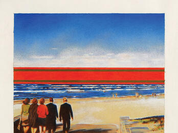 Red Horizon Painting depicting three women and two men walking toward the ocean, away from the viewer, into bright horizon.