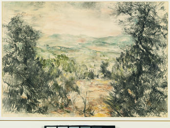 Landscape of Jerusalem Charcoal, crayon, and pencil drawing of landscape filled with trees on other side of the foreground and hills in background.