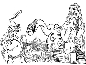 Zoo Eretz Zoo Drawing of two figures holding guns, next to a snake, a baby in a crib, and a man with an axe in his head.