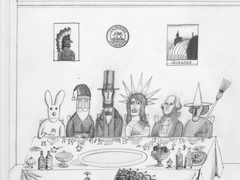Peacock Thanksgiving Drawing of six figures sitting at the far side of a set table and a peacock on the near side.