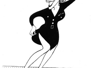 Drawing of smiling woman with high heels and dress, one hand on her head and one hand holding her skirt away from her bare legs. 