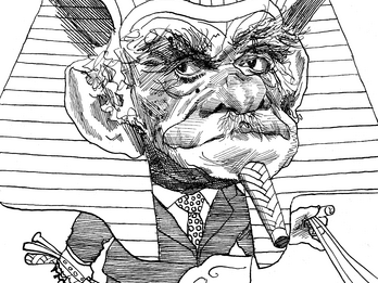 Yitzhak Shamir Drawing of cartoonish head with pharoanic headdress standing on chariot.
