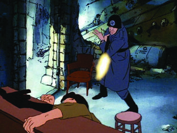 American Pop Drawing of man wearing hat with swatsika shooting a gun at a figure who is mostly obscured behind a wall, with crashed plane and ruins in background.