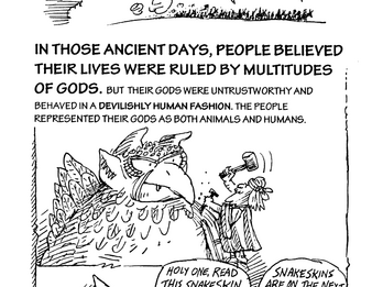 English text about Jewish history and pagan gods interspersed with images of a crowd of people on the horizon, someone chiseling an animal-head sculpture, and silhouetted figures talking. 